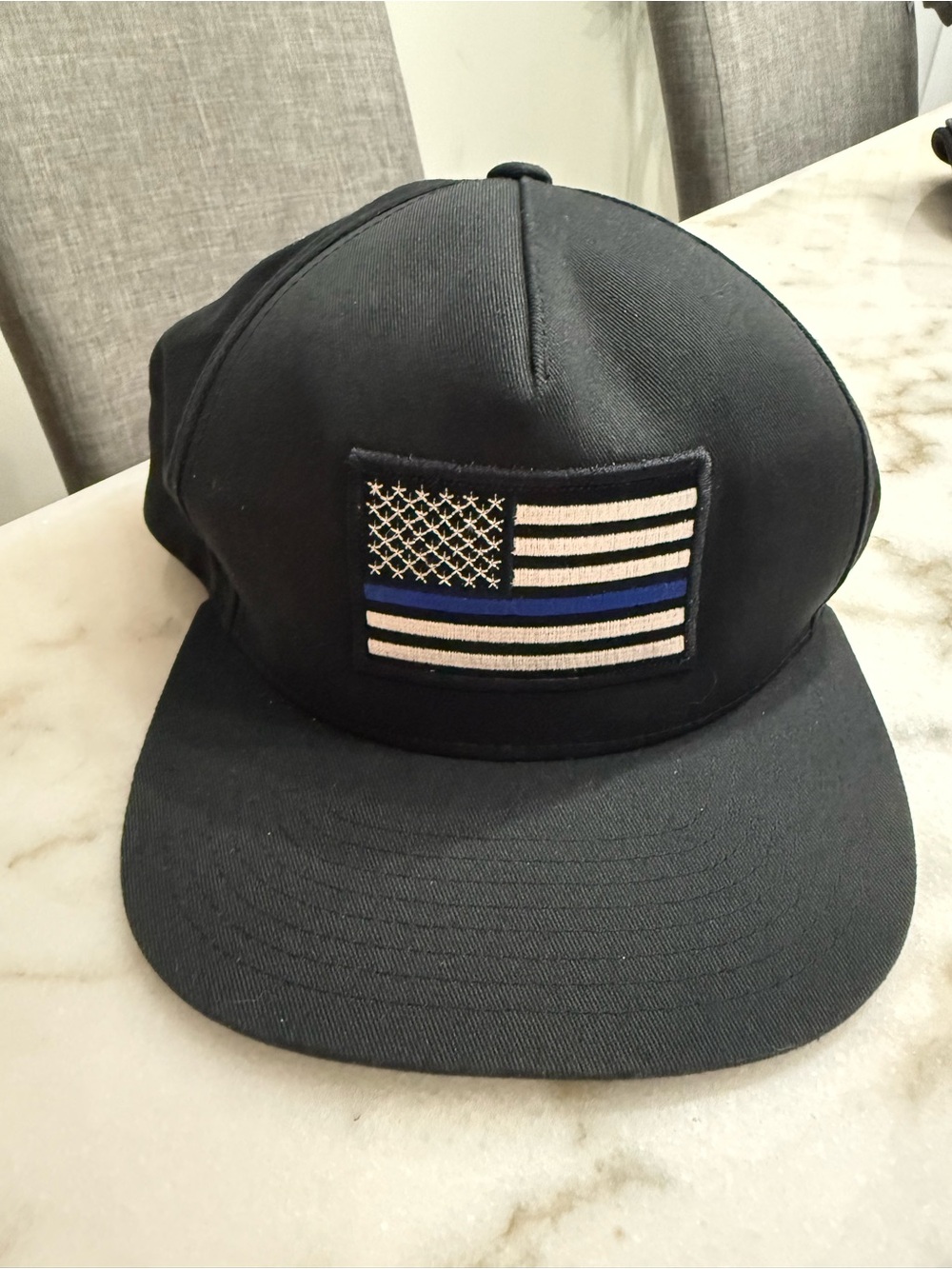 Black Snacpback Baseball Cap w Embroidered Thin Blue Line Flag Patch